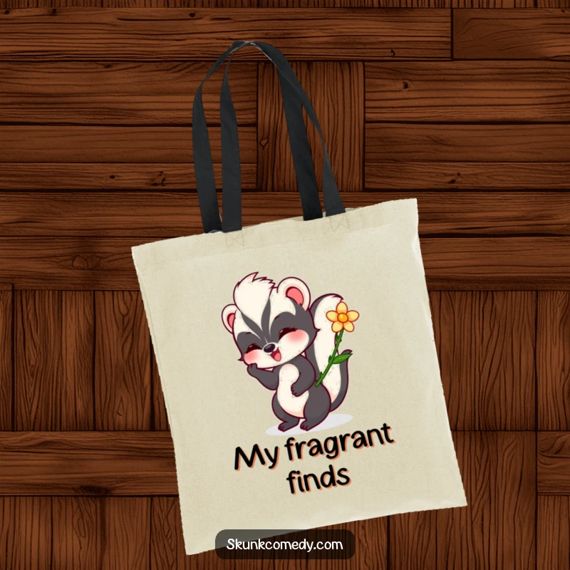 Funny skunk tote bag showing a happy skunk gently twirling a flower, designed for carrying items with a touch of humor.