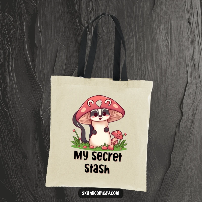 Funny skunk peeking from behind a large mushroom, cute tote bag, woodland theme, humorous accessory, gift.