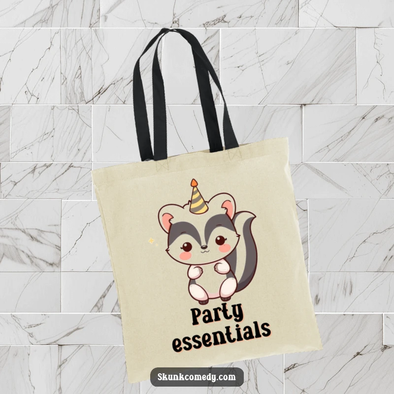 Funny Kawaii Skunk Tote Bag with a skunk holding a small, celebratory party horn, perfect for carrying party essentials and gifting.