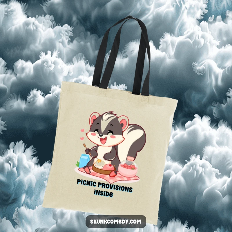 Funny skunk picnic tote bag showing a cheerful skunk sharing food, ideal for practical humor on the go.