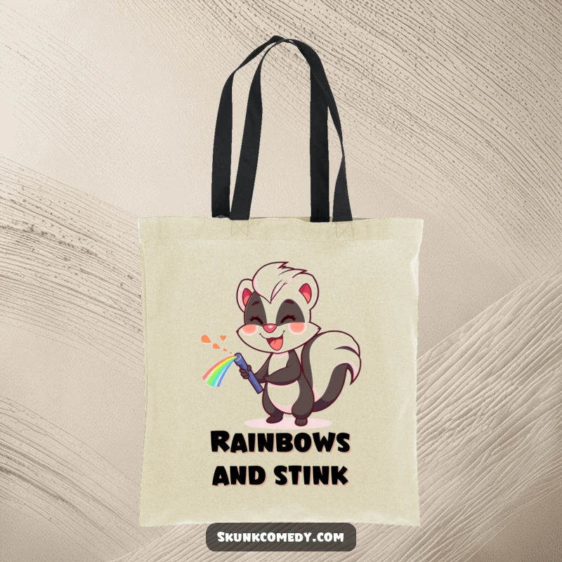 Funny skunk tote bag, cheerfully spraying a rainbow, stylish and humorous accessory for shopping.