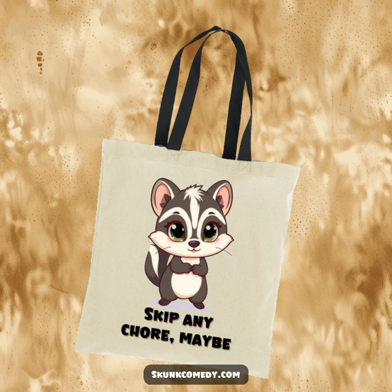 Funny skunk tote bag illustrating a skunk with innocent eyes doing a happy little skip, ideal for carrying daily essentials.
